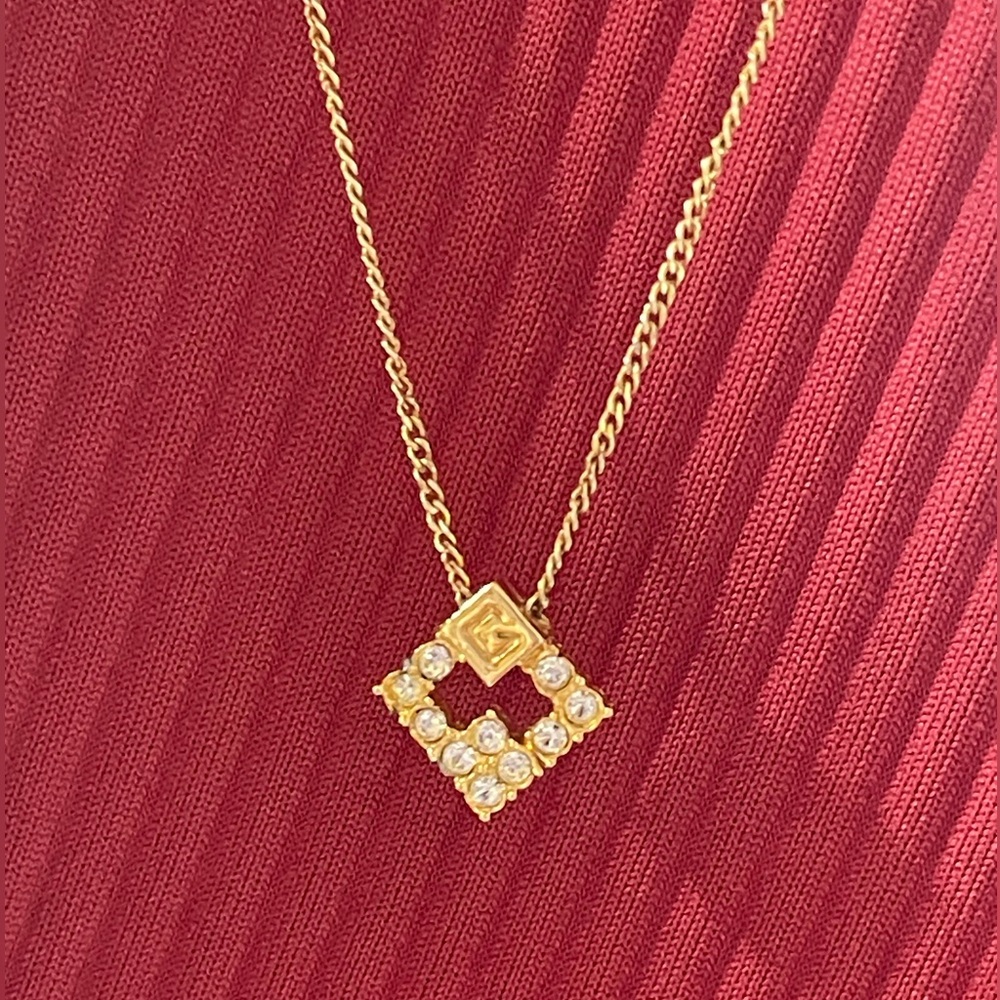 Givenchy Gold/Rhinestone Vintage G logo Square pendant Necklace